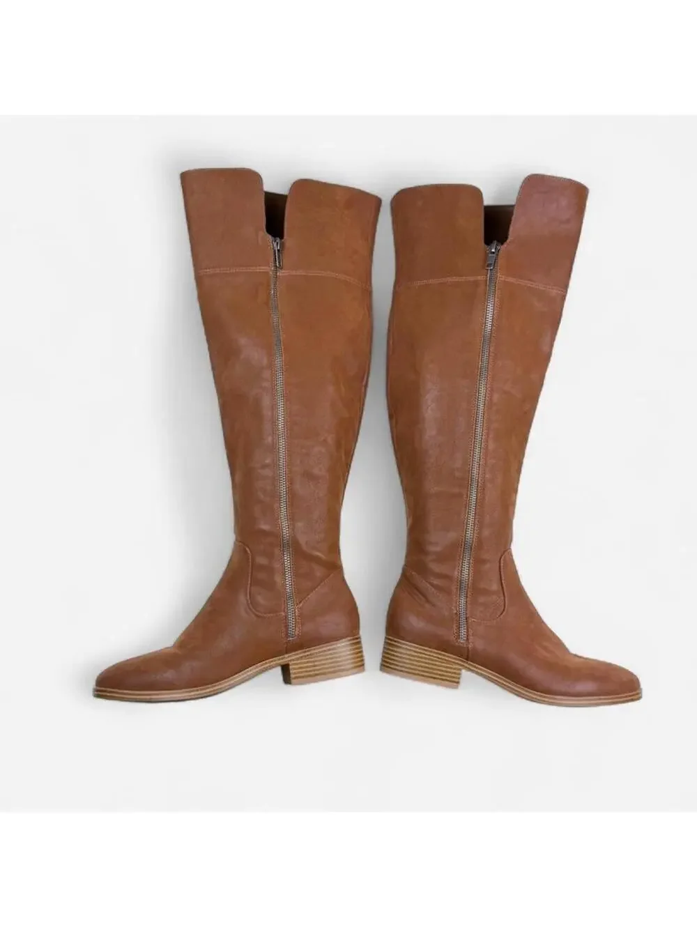 MIA Cognac Leather Tall Pull On Block Heel Boots in Brown